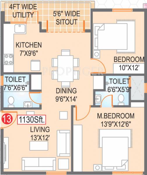 Vajra Estates Elite Homes Floor Plan (2BHK+2T (1,130 sq ft) 1130 sq ft)