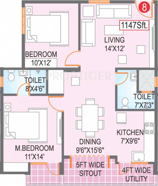 Vajra Estates Elite Homes Floor Plan (2BHK+2T (1,147 sq ft) 1147 sq ft)