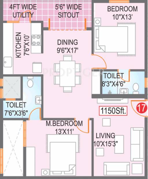 Vajra Estates Elite Homes Floor Plan (2BHK+2T (1,150 sq ft) 1150 sq ft)