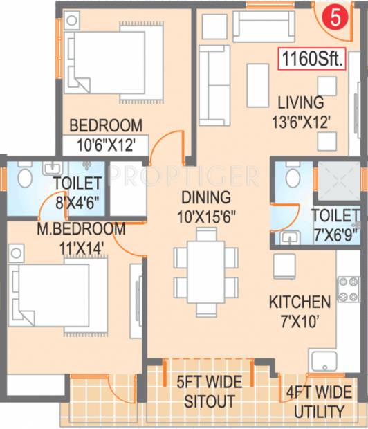 Vajra Estates Elite Homes Floor Plan (2BHK+2T (1,160 sq ft) 1160 sq ft)