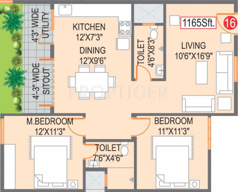 Vajra Estates Elite Homes Floor Plan (2BHK+2T (1,165 sq ft) 1165 sq ft)