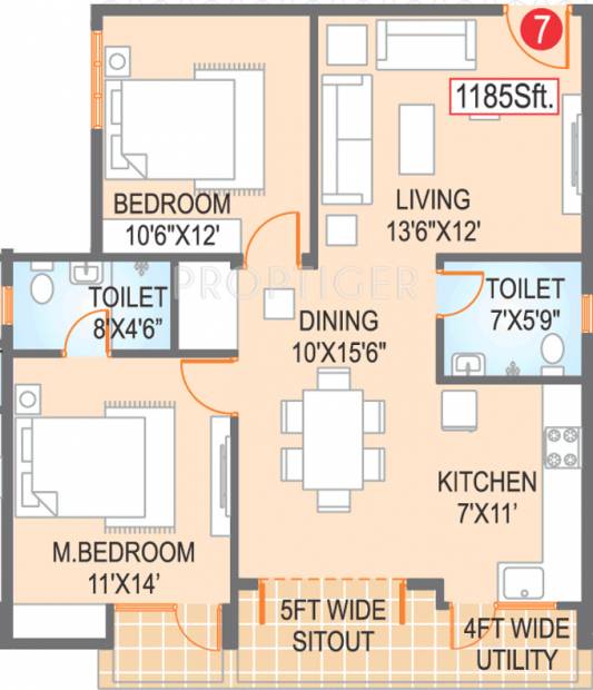 Vajra Estates Elite Homes Floor Plan (2BHK+2T (1,185 sq ft) 1185 sq ft)