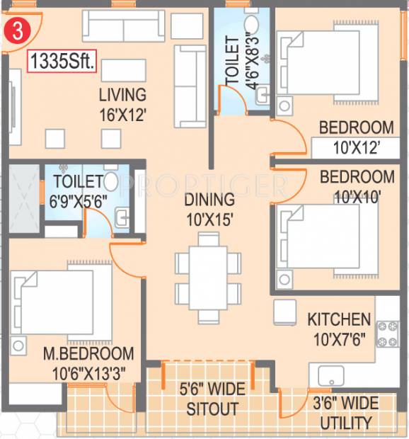 Vajra Estates Elite Homes Floor Plan (3BHK+2T (1,335 sq ft) 1335 sq ft)