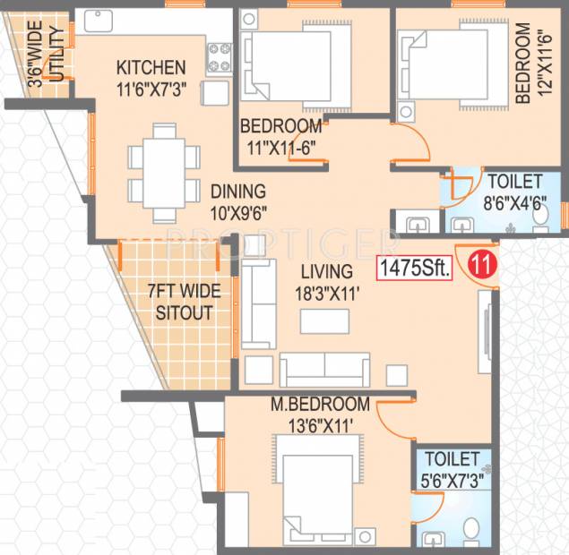 Vajra Estates Elite Homes Floor Plan (3BHK+2T (1,475 sq ft) 1475 sq ft)