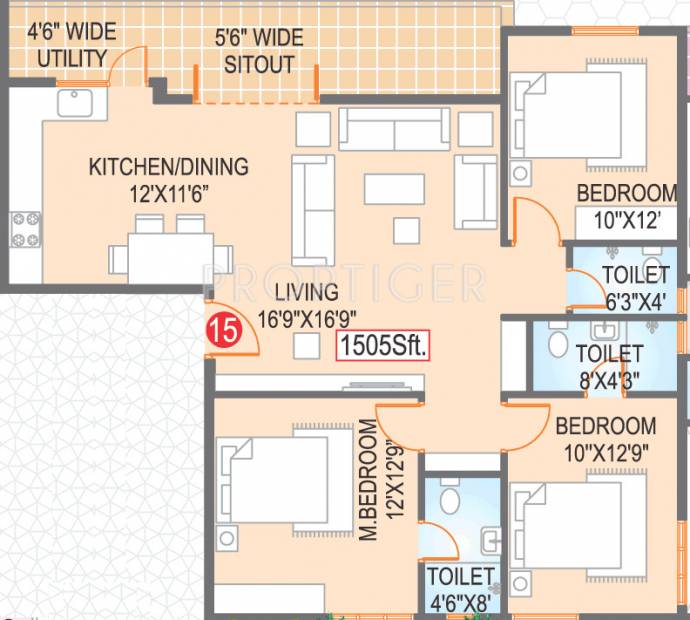 Vajra Estates Elite Homes Floor Plan (3BHK+3T (1,505 sq ft) 1505 sq ft)