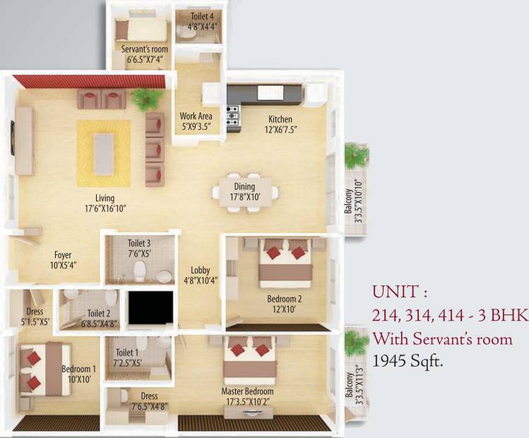 CoEvolve Estates Alcazar (3BHK+3T (1,945 sq ft)   Servant Room 1945 sq ft)