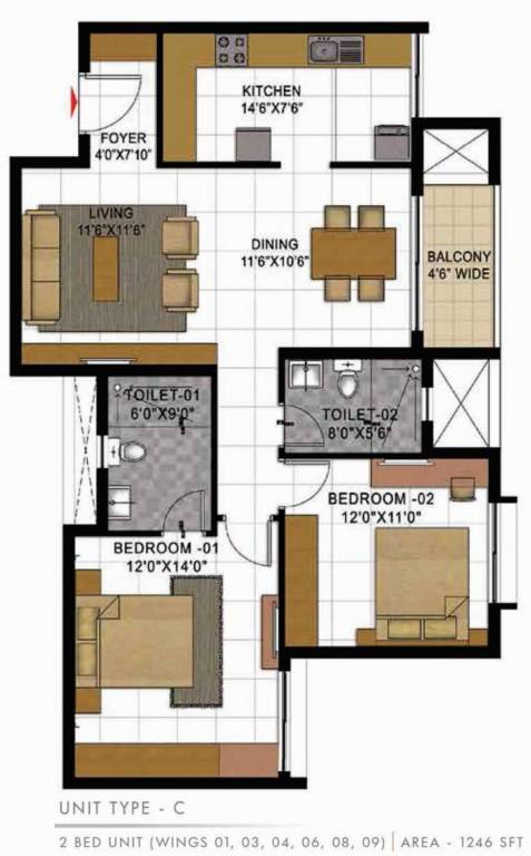 Prestige Casabella (2BHK+2T (1,246 sq ft) 1246 sq ft)