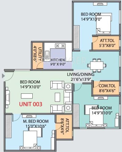 Honey Comb Manasa Residency Floor Plan (3BHK+3T (1,650 sq ft) 1650 sq ft)
