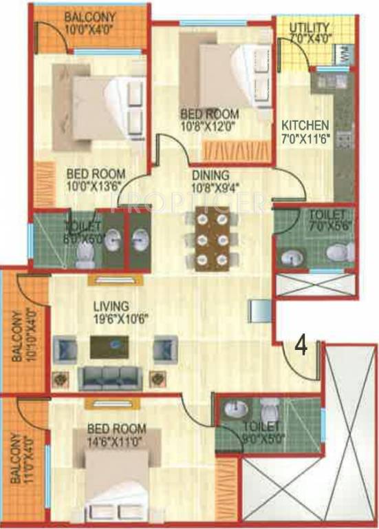 Aashish JK Apartments Floor Plan (3BHK+3T (1,525 sq ft) 1525 sq ft)