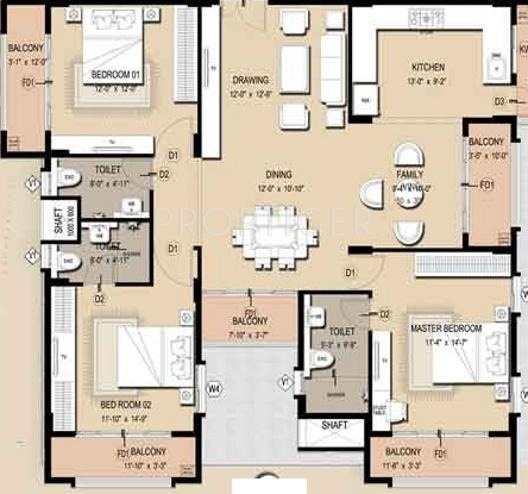 Mahaveer Maple (3BHK+3T (1,371 sq ft) 1371 sq ft)