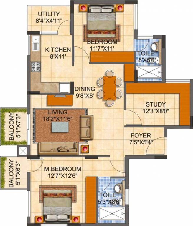 MJR Pearl (2BHK+2T (1,355 sq ft) + Study Room 1355 sq ft)