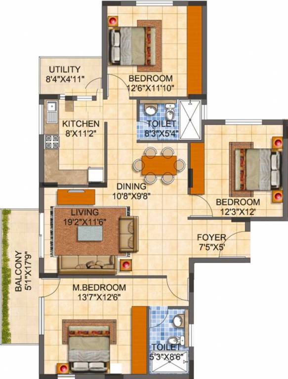 MJR Pearl (3BHK+3T (1,530 sq ft) 1530 sq ft)