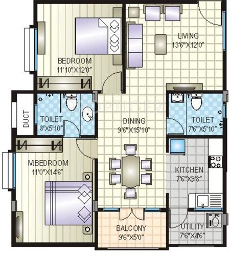 Prime Aqua (2BHK+2T (1,130 sq ft) 1130 sq ft)