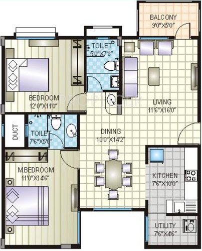 Prime Aqua (2BHK+2T (1,140 sq ft) 1140 sq ft)
