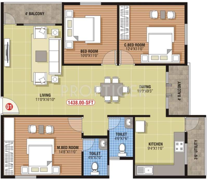 Saranya Springs (3BHK+2T (1,438 sq ft) 1438 sq ft)