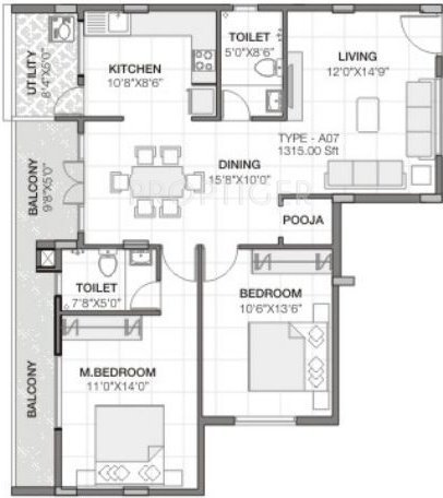 VRR Stone Arch (2BHK+2T (1,185 sq ft)   Pooja Room 1185 sq ft)