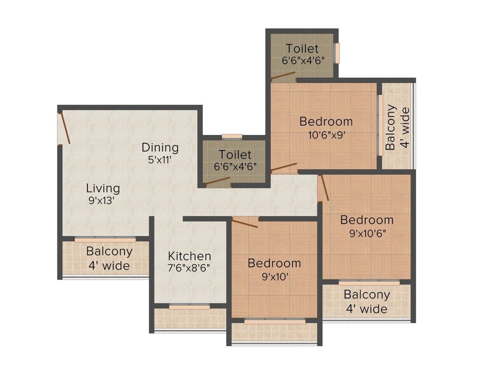 Mohan Group Greenwoods 3BHK+3T (1,155 sq ft)