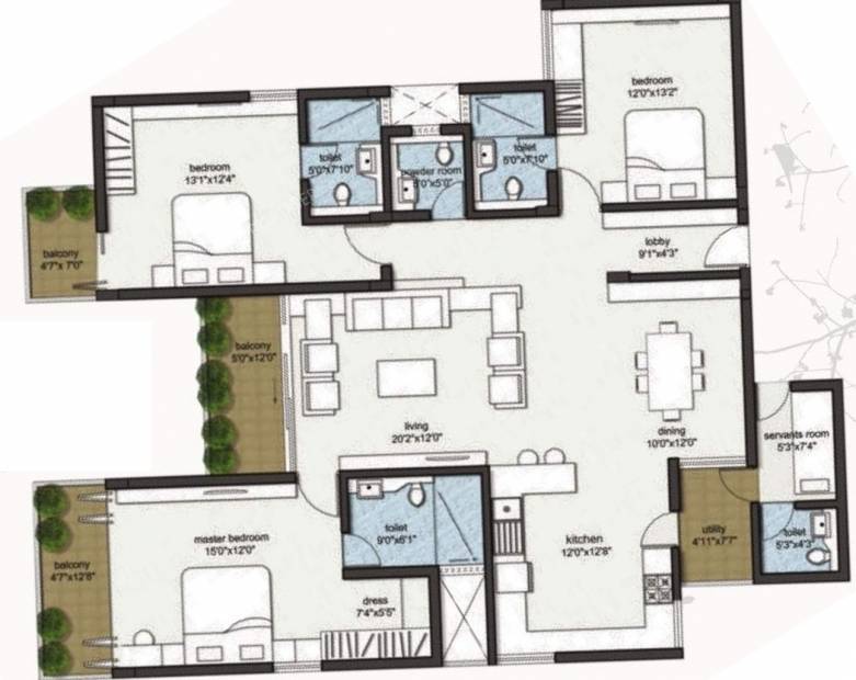RBD Stillwaters Apartments (3BHK+4T (2,176 sq ft) + Servant Room 2176 sq ft)