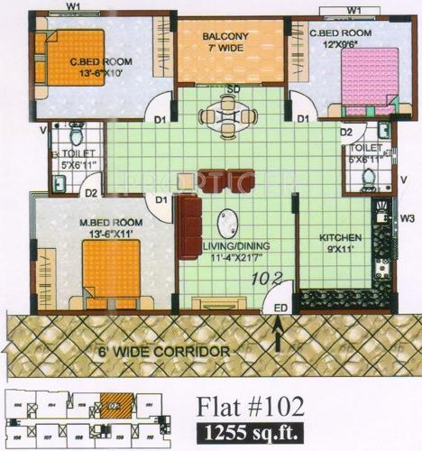 Shree Tirumala Sunidhi Desire (2BHK+2T (1,255 sq ft)   Study Room 1255 sq ft)