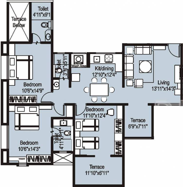 Creative Shelters Eclectica Homes Floor Plan (3BHK+3T (1,450 sq ft) 1450 sq ft)