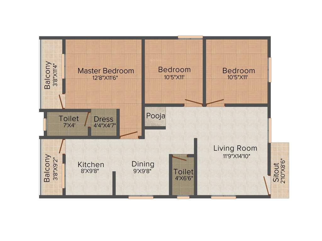 Vaastu Dew Flower (3BHK+2T (1,275 sq ft) + Pooja Room 1275 sq ft)