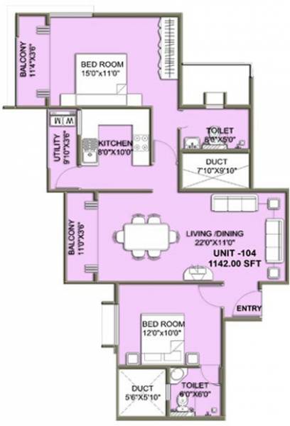 Confident Althena (2BHK+2T (1,142 sq ft) 1142 sq ft)