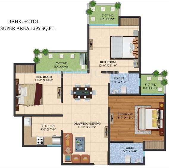 Ajnara Le Garden (3BHK+2T (1,295 sq ft) 1295 sq ft)