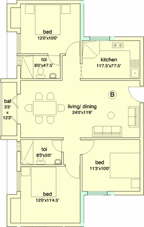 Golden Edifice Paddington Floor Plan (3BHK+2T (1,240 sq ft) 1240 sq ft)