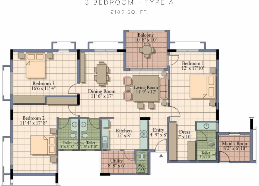 UKN Belvista (3BHK+3T (2,185 sq ft)   Servant Room 2185 sq ft)