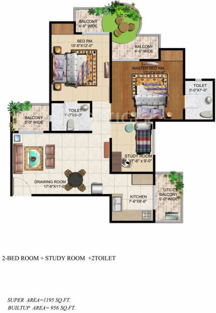 Ajnara Grand Heritage (2BHK+2T (1,195 sq ft)   Study Room 1195 sq ft)