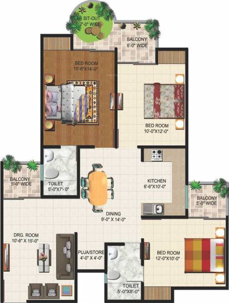 Ajnara Grand Heritage (3BHK+2T (1,395 sq ft) 1395 sq ft)