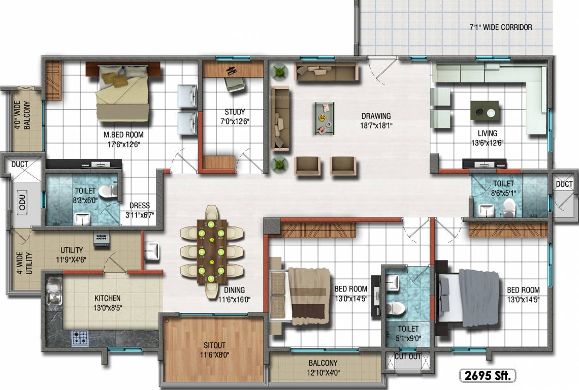 Cybercity Rainbow Vistas Rock Garden (3BHK+3T (2,695 sq ft) + Study Room 2695 sq ft)