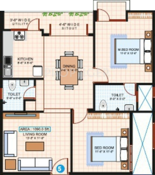Propulsive Paradise Floor Plan (2BHK+2T (1,090 sq ft) 1090 sq ft)