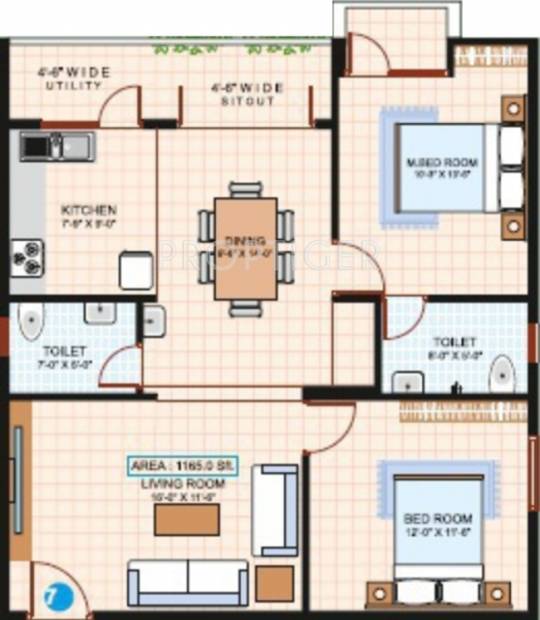 Propulsive Paradise Floor Plan (2BHK+2T (1,165 sq ft) 1165 sq ft)