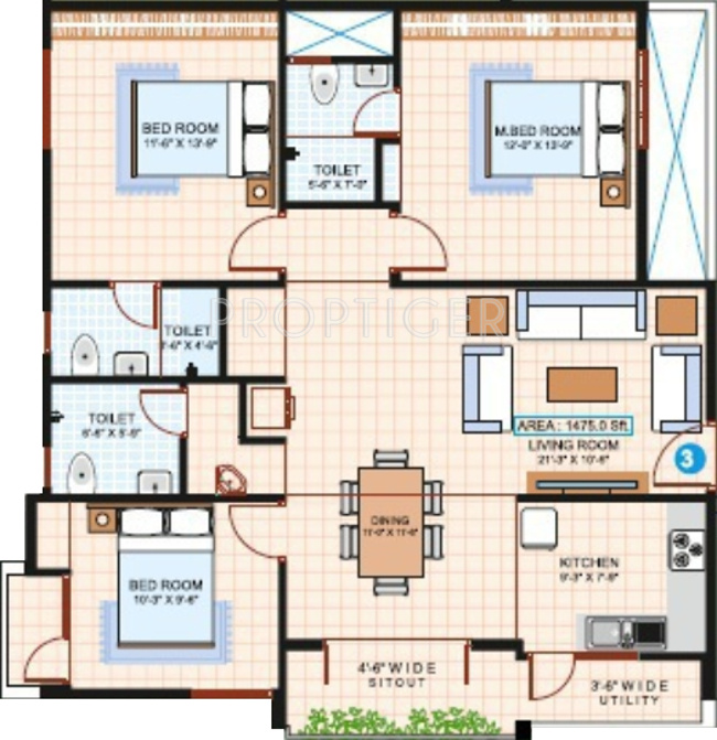 Propulsive Paradise Floor Plan (3BHK+3T (1,475 sq ft) 1475 sq ft)