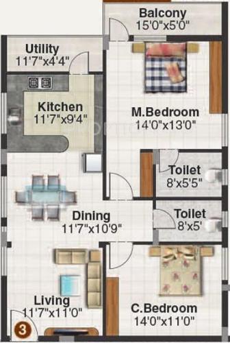 SV Vrushabadri Willows (2BHK+2T (1,330 sq ft) 1330 sq ft)