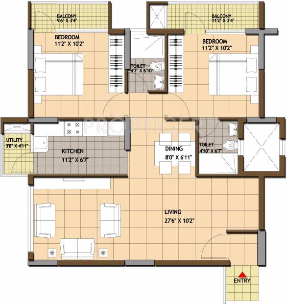 Sovereign Lake View (2BHK+2T (1,015 sq ft) 1015 sq ft)