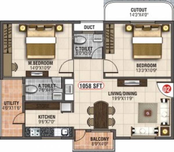 Subhodayaraga Laurels (2BHK+2T (1,058 sq ft) 1058 sq ft)