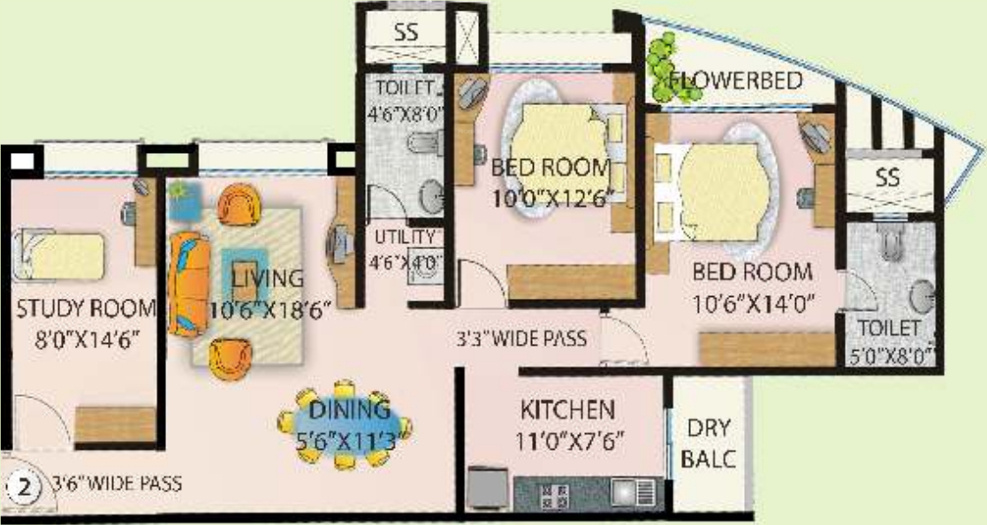 DSK Madhuban (2BHK+2T (1,336 sq ft)   Study Room 1336 sq ft)
