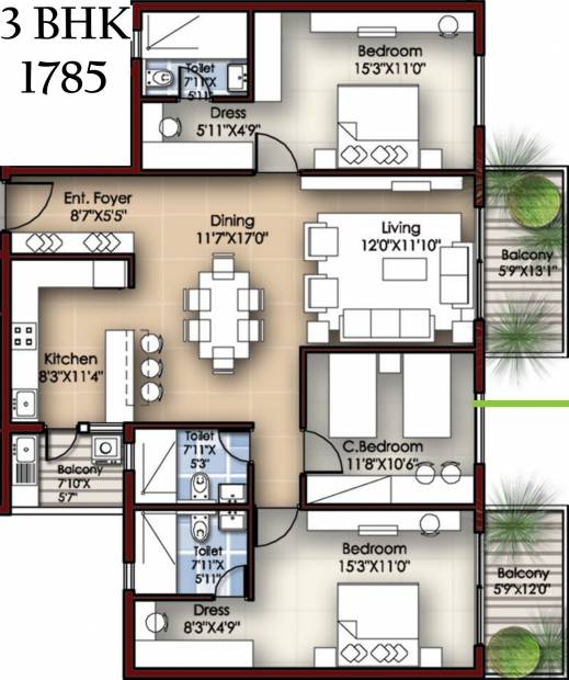 Krishvi Dhavala (3BHK+3T (1,785 sq ft) 1785 sq ft)