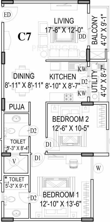 Shriram Summitt (2BHK+2T (1,260 sq ft)   Pooja Room 1260 sq ft)