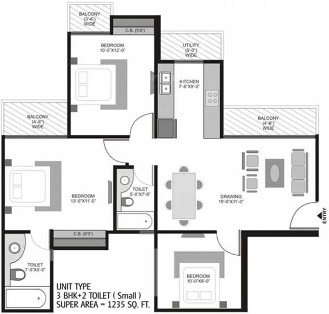 Ajnara Homes121 (3BHK+2T (1,235 sq ft) 1235 sq ft)