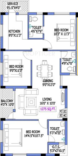 Green Woodberry (3BHK+3T (1,275 sq ft) 1275 sq ft)