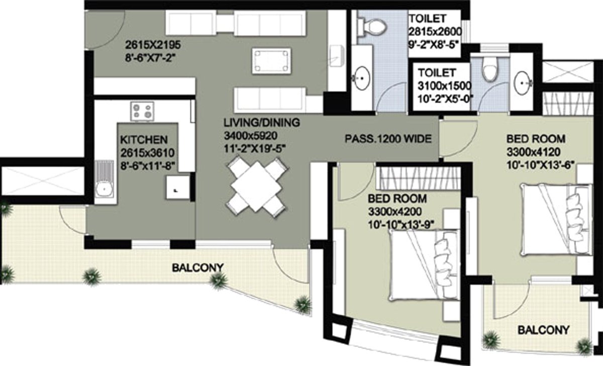 Raheja Vedaanta (2BHK+2T (1,432 sq ft) 1432 sq ft)