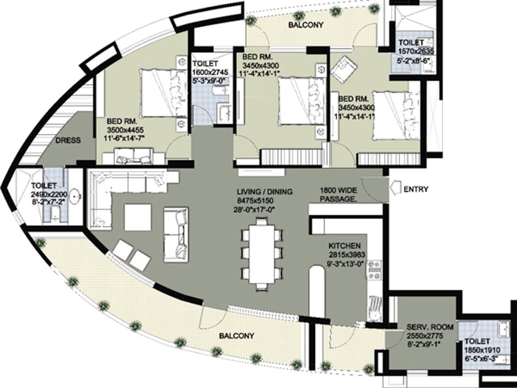 Raheja Vedaanta (3BHK+3T (2,393 sq ft) + Servant Room 2393 sq ft)