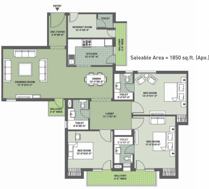 Nimai Greens (3BHK+4T (1,850 sq ft)   Servant Room 1850 sq ft)
