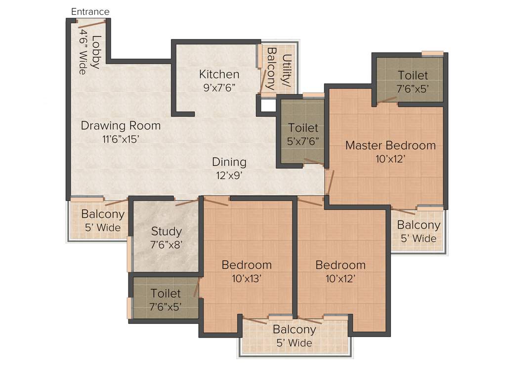 Galaxy North Avenue 1 (3BHK+3T (1,570 sq ft) + Study Room 1570 sq ft)