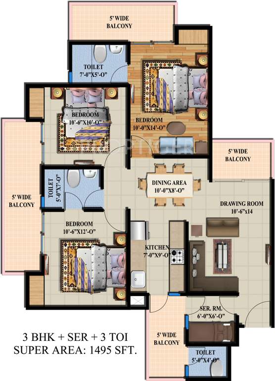 Ajnara LeGarden (3BHK+3T (1,495 sq ft) + Servant Room 1495 sq ft)