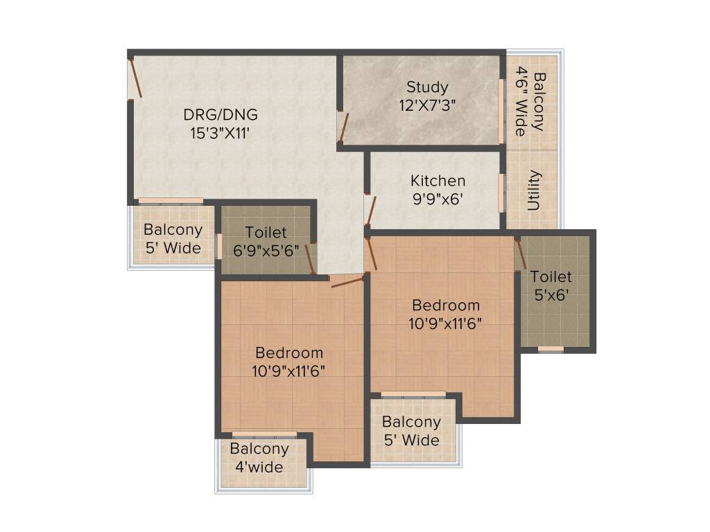 Earth Towne (2BHK+2T (1,095 sq ft) + Study Room 1095 sq ft)
