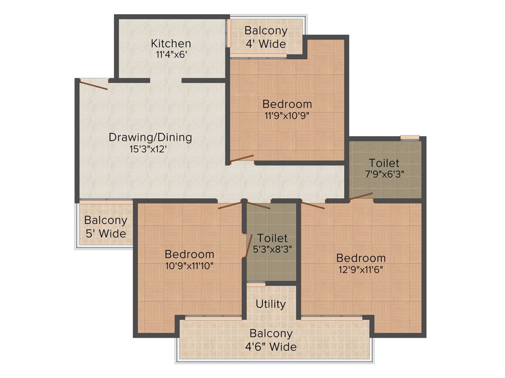 Earth Towne (3BHK+2T (1,295 sq ft) 1295 sq ft)